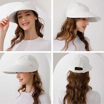 Wide Brim Womens Sun Hat, 2 in 1 Zip-Off Sun Protection Visor Beach Hat for Women, Packable Golf Hat, White
