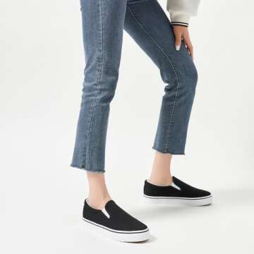 Women's Canvas Slip On Sneakers Fashion Flats Shoes White Canvas Shoes(Black.US5.5)
