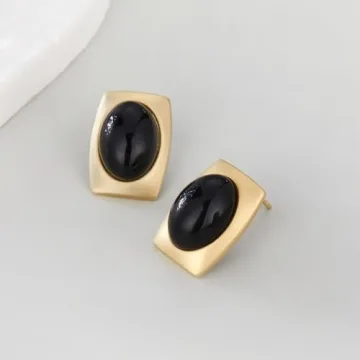 Trendy Vintage Gold Stud Earrings with Black CZ - Chic Statement Jewelry