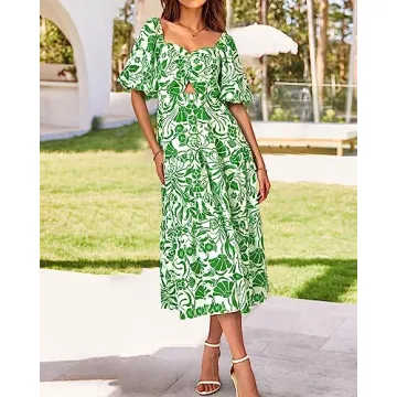BTFBM Women Summer Dresses 2025 Casual Flowy Beach Square Neck Puff Short Sleeve Smocked Back Boho Floral Long Maxi Dress(Print Grass Green, Small)