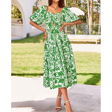 BTFBM Women Summer Dresses 2025 Casual Flowy Beach Square Neck Puff Short Sleeve Smocked Back Boho Floral Long Maxi Dress(Print Grass Green, Small)
