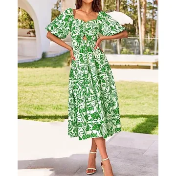 BTFBM Women Summer Dresses 2025 Casual Flowy Beach Square Neck Puff Short Sleeve Smocked Back Boho Floral Long Maxi Dress(Print Grass Green, Small)