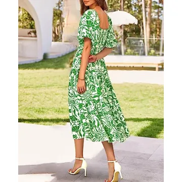 BTFBM Women Summer Dresses 2025 Casual Flowy Beach Square Neck Puff Short Sleeve Smocked Back Boho Floral Long Maxi Dress(Print Grass Green, Small)