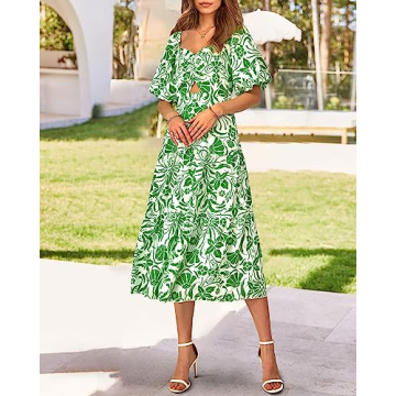 BTFBM Women Summer Dresses 2025 Casual Flowy Beach Square Neck Puff Short Sleeve Smocked Back Boho Floral Long Maxi Dress(Print Grass Green, Small)