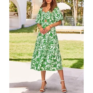 BTFBM Women Summer Dresses 2025 Casual Flowy Beach Square Neck Puff Short Sleeve Smocked Back Boho Floral Long Maxi Dress(Print Grass Green, Small)