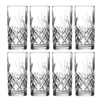 Royalty Art Kinsley Tall Highball Glasses Set of 8, 12 Ounce Cups, Textured Designer Glassware for Drinking Water, Beer, or Soda, Trendy and Elegant Dishware, Dishwasher Safe (Hiball)