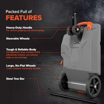 Camco Rhino 36-Gallon Portable Camper/RV Tote Tank - Features 2 Steerable No-Flat Front Wheels & Built-in Gate Valve - Includes Removable 24" Tow Bar, 3’ RV Sewer Hose & More RV Accessories (39007)