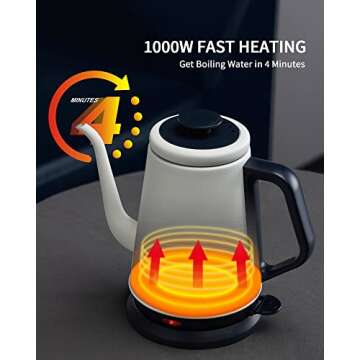 DmofwHi Gooseneck Electric Kettle(1.0L),1000W Electric Tea Kettle of 304 Stainless Steel,Auto Shut off,Coffee Kettle for Pour Over and Tea -White