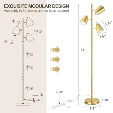 QiMH Tree Floor Lamp with 3 Adjustable Bulbs