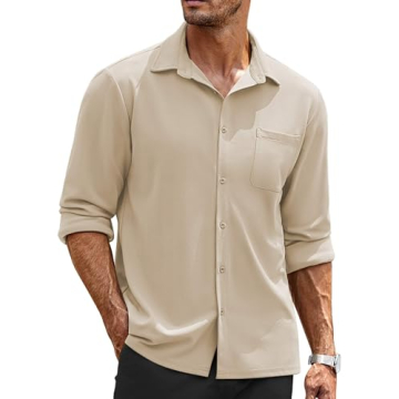 COOFANDY Men's Long Sleeve Button Down Dress Shirt - Wrinkle-Free Light Khaki