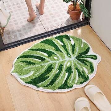 Panstar Large Monstera Leaf Bath Mat, Non Slip Green Plant Bathroom Rug, Absorbent Cute Palm Shaped Bathtub Rug Bathroom Plush Shower Rugs (32"X26")