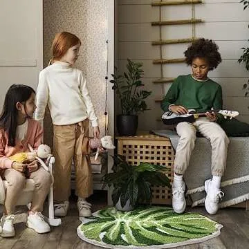 Panstar Large Monstera Leaf Bath Mat, Non Slip Green Plant Bathroom Rug, Absorbent Cute Palm Shaped Bathtub Rug Bathroom Plush Shower Rugs (32"X26")