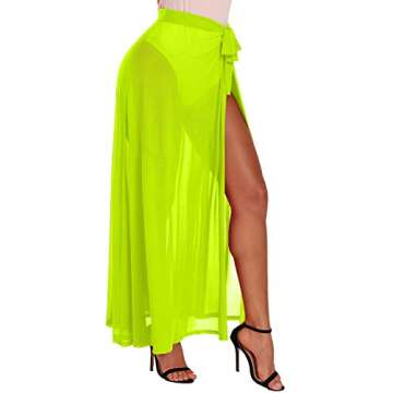 XAKALAKA Women's Sheer Slit Sarong Sexy Swimwear Cover up Belted Wrap Maxi Skirt Neon-Yellow