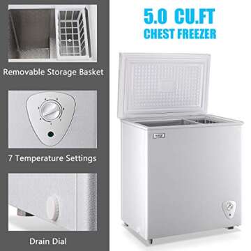 Chest Freezer Deep Freezer 5.0 Cu.Ft Mini Freezer White Free-Standing Top Door Freezer Adjustable 7 Thermostat and Removable Basket Open Deep Freezer Energy Saving Garage Basement Apartment Kitchen