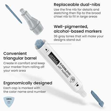 ARTEZA Art Alcohol Markers Set of 36 Grayscale Dual Tip Markers with Organizer Box, Medium Chisel and Fine Nib