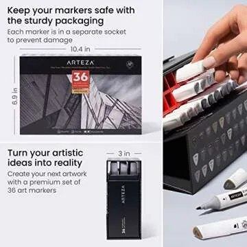 ARTEZA Art Alcohol Markers Set of 36 Grayscale Dual Tip Markers with Organizer Box, Medium Chisel and Fine Nib