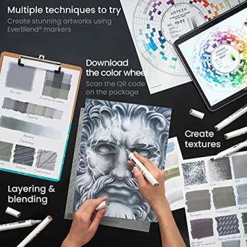 ARTEZA Art Alcohol Markers Set of 36 Grayscale Dual Tip Markers with Organizer Box, Medium Chisel and Fine Nib