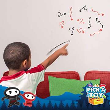 PICK A TOY 12 Pc. Ninja Toys Set with Stretchy Flying Ninjas and Colorful Throwing Stars Slingshots, Flexible and Sticky Elastic, Fun Birthday Party Favors for Boys and Girls