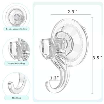 VIS'V Suction Cup Hooks, Small Clear Shower Suction Hooks Heavy Duty Vacuum Suction Cups with Hooks Removable Reusable Bathroom Suction Hooks for Tile Wall Window Glass Door 4 Pcs