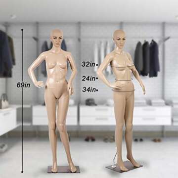 Female Mannequin Manikin Dress Form Female Full Body 69 Inch Adjustable Mannequin Stand Realistic Mannequin Display Head Turns Dress Model W/ Metal Base