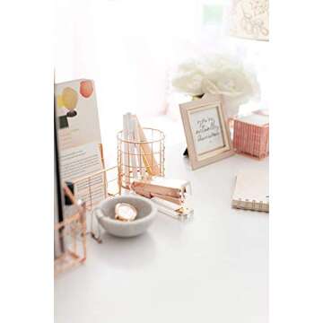 Blu Monaco Rose Gold Desk Organizer - 5 Piece Desk Accessories Set - Letter - Mail Organizer, Paper-Document Tray, Pen Cup, Magazine File Holder - Rectangle Pattern - Office Supplies Stationery Décor