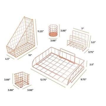 Blu Monaco Rose Gold Desk Organizer - 5 Piece Desk Accessories Set - Letter - Mail Organizer, Paper-Document Tray, Pen Cup, Magazine File Holder - Rectangle Pattern - Office Supplies Stationery Décor