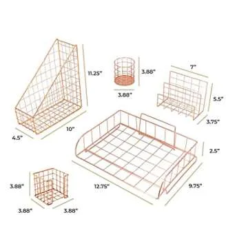 Blu Monaco Rose Gold Desk Organizer - 5 Piece Desk Accessories Set - Letter - Mail Organizer, Paper-Document Tray, Pen Cup, Magazine File Holder - Rectangle Pattern - Office Supplies Stationery Décor