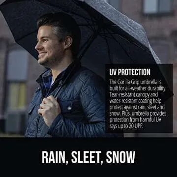 Gorilla Grip Windproof Compact Stick Umbrella for Rain, Travel One-Click Automatic Open and Close, Lightweight, Portable, Strong Reinforced Fiberglass Ribs, Easily Collapsible, Black