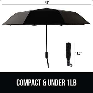Gorilla Grip Windproof Compact Stick Umbrella for Rain, Travel One-Click Automatic Open and Close, Lightweight, Portable, Strong Reinforced Fiberglass Ribs, Easily Collapsible, Black