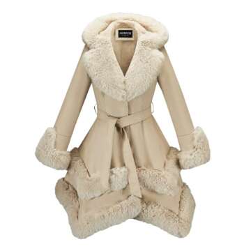 AOWITH Faux Leather Jacket for Women with Faux Fur Collar Long Sleeve Parka with Pockets Warm Winter Parka Coat with Belt Plus Size Outerwear GK047-BLACK-L