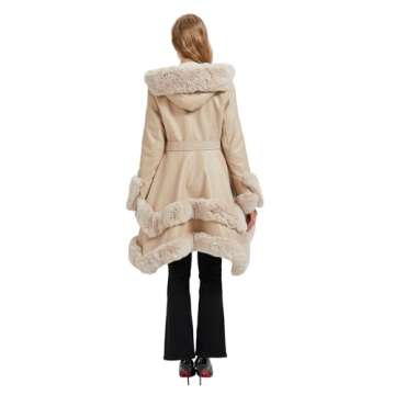 AOWITH Faux Leather Jacket for Women with Faux Fur Collar Long Sleeve Parka with Pockets Warm Winter Parka Coat with Belt Plus Size Outerwear GK047-BLACK-L