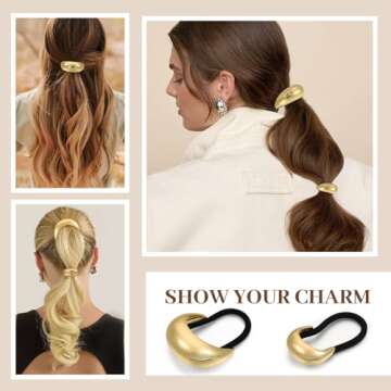 2PCS Gold Hair Ties, Gold Hair Accessories for Women, Metal Hair Ties for Think Hair, Elegant and Durable Geometric Design, Hair Cuffs Stretchy Non-Damage Ponytail Holders