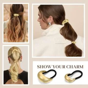2PCS Gold Hair Ties, Gold Hair Accessories for Women, Metal Hair Ties for Think Hair, Elegant and Durable Geometric Design, Hair Cuffs Stretchy Non-Damage Ponytail Holders
