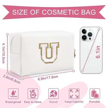 Small Personalized Initial Preppy Patch Makeup Bag,White Chenille Letter Travel Cosmetic Pouch with ...