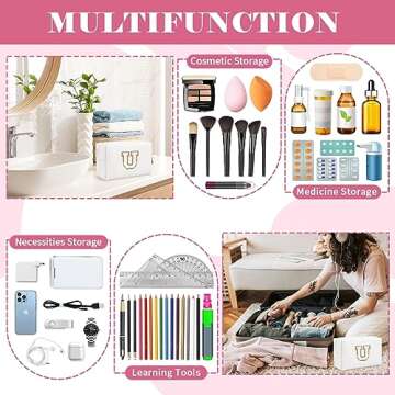 Small Personalized Initial Preppy Patch Makeup Bag,White Chenille Letter Travel Cosmetic Pouch with Zipper,Cute Toiletry Bag,Valentines Day Gift Ideal for Teen Girls Women Teacher Bridesmaid,Letter U