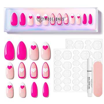 Modelones Press on Nails, Short Almond Nails, Pink Reusable Nail Kit with Nail Glue Adhesive Tabs Mini Nail File, 24 Fake Nails 12 Sizes, Glue on Nails DIY Home Salon Mothers Day Nails Gift