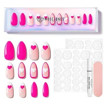 Modelones Press on Nails, Short Almond Nails, Pink Reusable Nail Kit with Nail Glue Adhesive Tabs Mini Nail File, 24 Fake Nails 12 Sizes, Glue on Nails DIY Home Salon Mothers Day Nails Gift