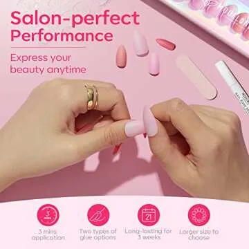 Modelones Press on Nails, Short Almond Nails, Pink Reusable Nail Kit with Nail Glue Adhesive Tabs Mini Nail File, 24 Fake Nails 12 Sizes, Glue on Nails DIY Home Salon Mothers Day Nails Gift