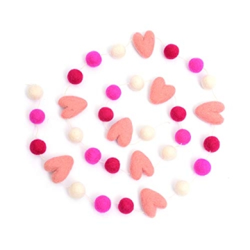 Glaciart One Pom Pom Garland - Wool Felt Ball Garland - 9 Feet, 25 Balls, 8 Hearts, 4 Valentines Col...