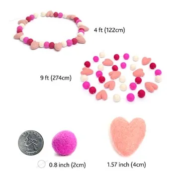 Glaciart One Pom Pom Garland - Wool Felt Ball Garland - 9 Feet, 25 Balls, 8 Hearts, 4 Valentines Colors, Pom Pom Decorations, Nursery Decor, Bunting, Birthday Party Decorations, Carnival, Photo Prop