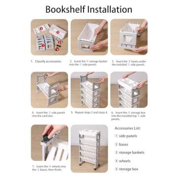 5 Tier Book Rack Storage Bookshelf, Mobile Bookshelf with Wheels, Removable Movable Unique Bookcase, Rolling Book Cart, Bookshelves for Students Study in Dorm Classroom Living Room School(CreamYellow)