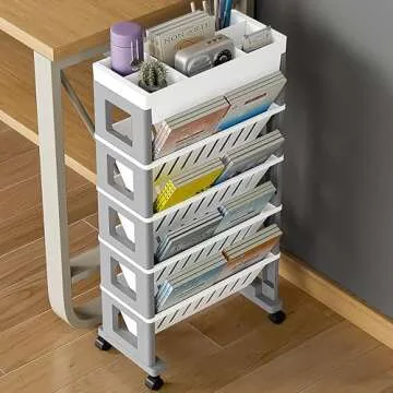 5 Tier Book Rack Storage Bookshelf, Mobile Bookshelf with Wheels, Removable Movable Unique Bookcase, Rolling Book Cart, Bookshelves for Students Study in Dorm Classroom Living Room School(CreamYellow)