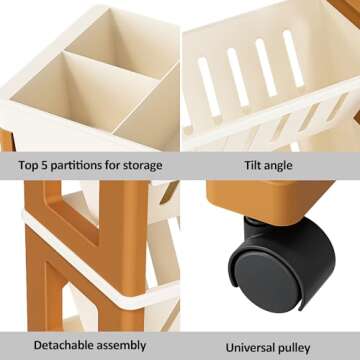 5 Tier Book Rack Storage Bookshelf, Mobile Bookshelf with Wheels, Removable Movable Unique Bookcase, Rolling Book Cart, Bookshelves for Students Study in Dorm Classroom Living Room School(CreamYellow)