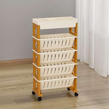 5 Tier Book Rack Storage Bookshelf, Mobile Bookshelf with Wheels, Removable Movable Unique Bookcase, Rolling Book Cart, Bookshelves for Students Study in Dorm Classroom Living Room School(CreamYellow)