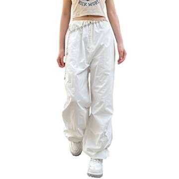 WOBONIU Women Low Waist Baggy Cargo Pants Indie Aesthetic Drawstring Loose Pocket Jogger Trousers Hippie Punk Streetwear (C White, L)