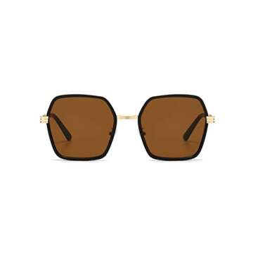 iKANOO Oversized Square Sunglasses for Women Hexagon Inspired Designer Style Shades (Gold Frame Tea Lens)