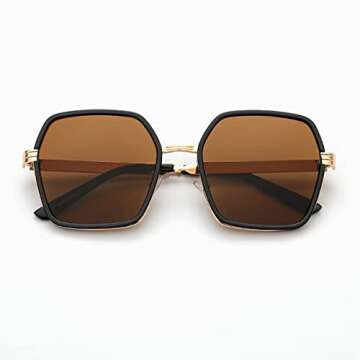 iKANOO Oversized Square Sunglasses for Women Hexagon Inspired Designer Style Shades (Gold Frame Tea Lens)