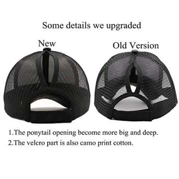 Womens Ponytail Messy High Buns Trucker Ponycaps Camouflage Patchwork Baseball Cap Dad Hat Adjustable Snapback (O-camo Black, One Size)