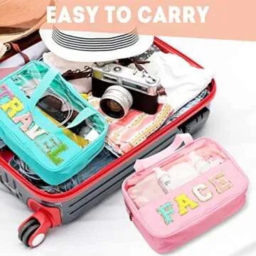 4 Pcs Chenille Letter Nylon Makeup Bag PVC Clear Zipper Pouches for Purse Portable Travel Pouch Cosmetic Preppy Tote Bag Toiletry Storage Bag for Women, Travel, Hair, Face, Stuff Styles, 4 Colors