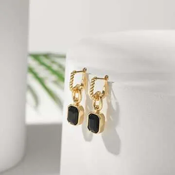 Mesovor Gold Crystal Hoop Earrings for Women Trendy, 18K Gold Plated Hoop Earrings | Emerald Green Black Crystal Dangling Earrings Jewelry Gift for Mother Wife (Black)